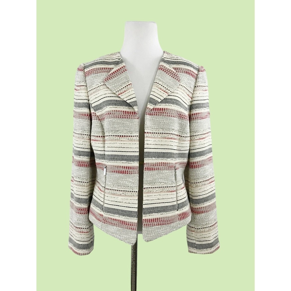 Tahari by ASL Jacket Blazer 8 Beige Black Red Tweed Collared office artsy career